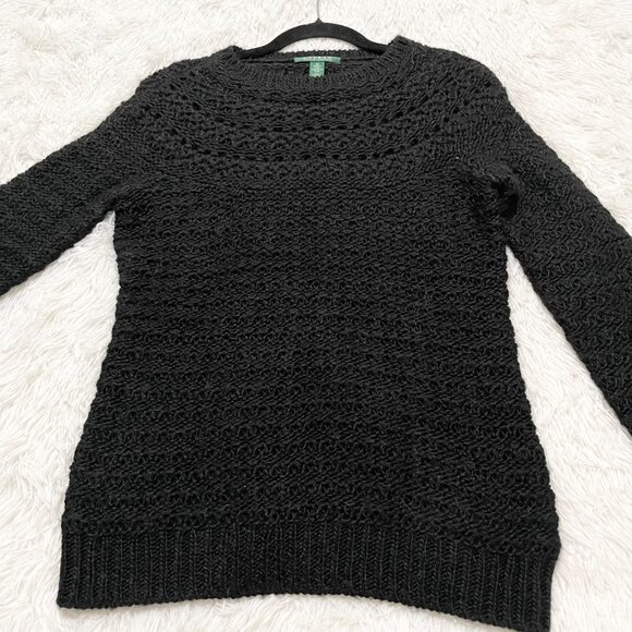 Women Lauren Ralph Lauren Pointelle Crewneck Sweater Pullover in Black Medium - Picture 4 of 7